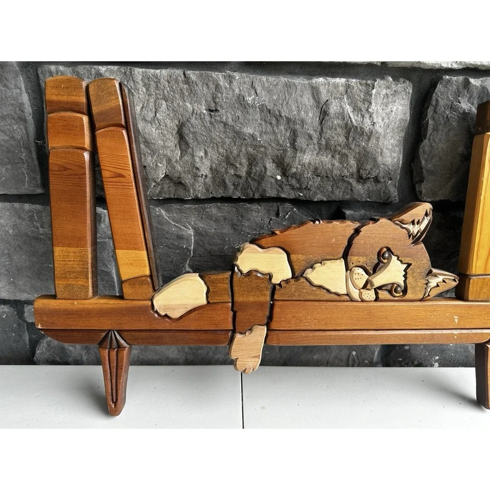 Vintage Intarsia Wood Wall Art Cat Bookshelf Decorative Hanging Cottage Granny